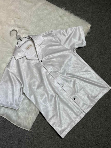 White Satin-Finish Cuban Collar Shirt – Subtle Floral Pattern | Premium Summer Wear